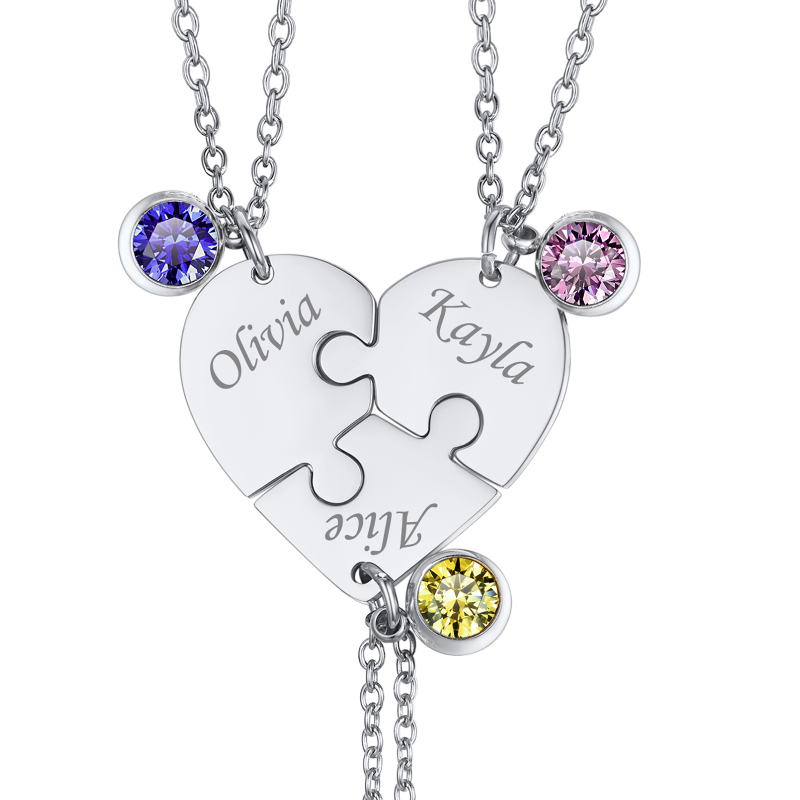 Personalized Birthstone Heart Puzzle Matching Pendant Necklace for Friend/Family 3 silver