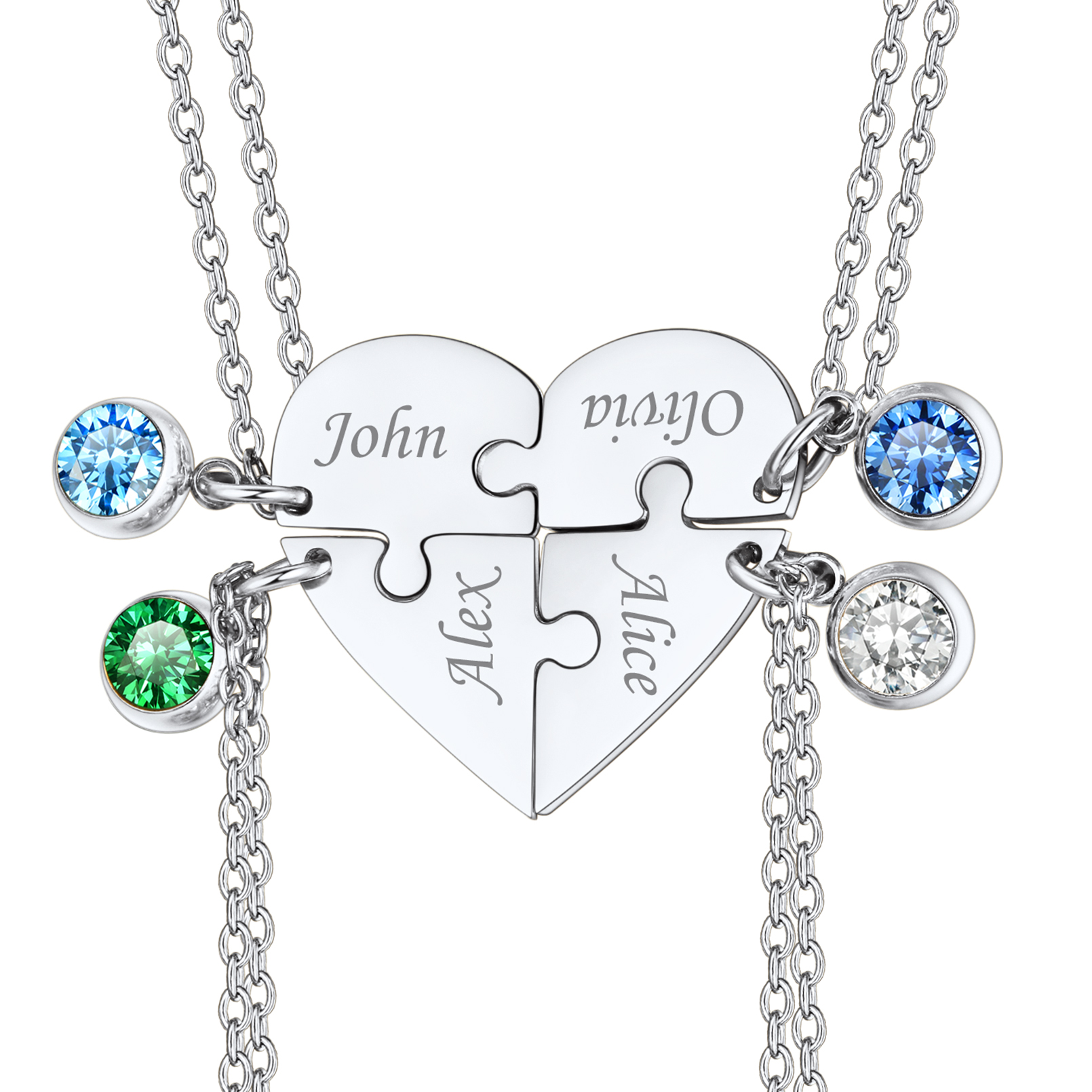 Personalized Birthstone Heart Puzzle Matching Pendant Necklace for Friend/Family 4 silver