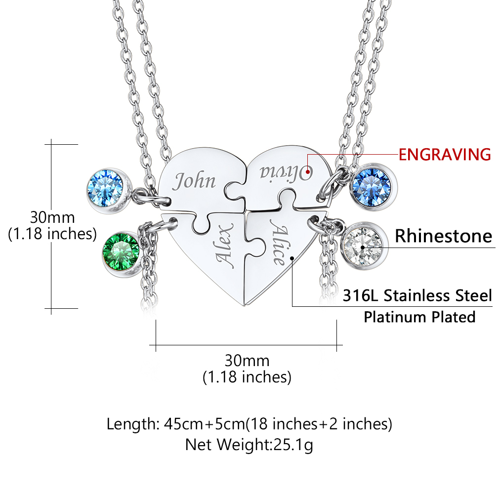 Personalized Birthstone Heart Puzzle Matching Pendant Necklace for Friend/Family 4 size