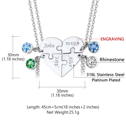 Personalized Birthstone Heart Puzzle Matching Pendant Necklace for Friend/Family 4 size