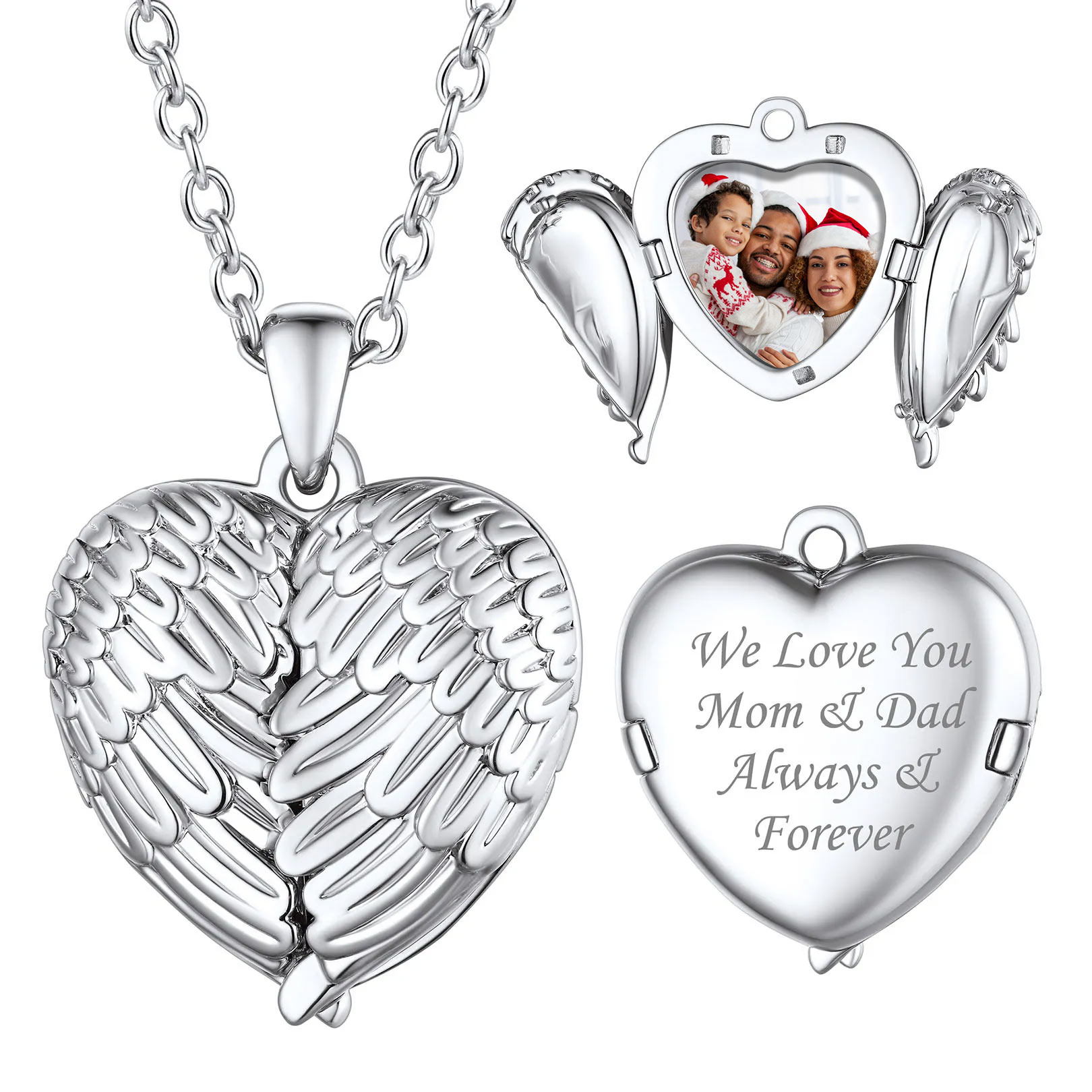 Personalized Heart Angel Wings Locket Necklace with Pictures