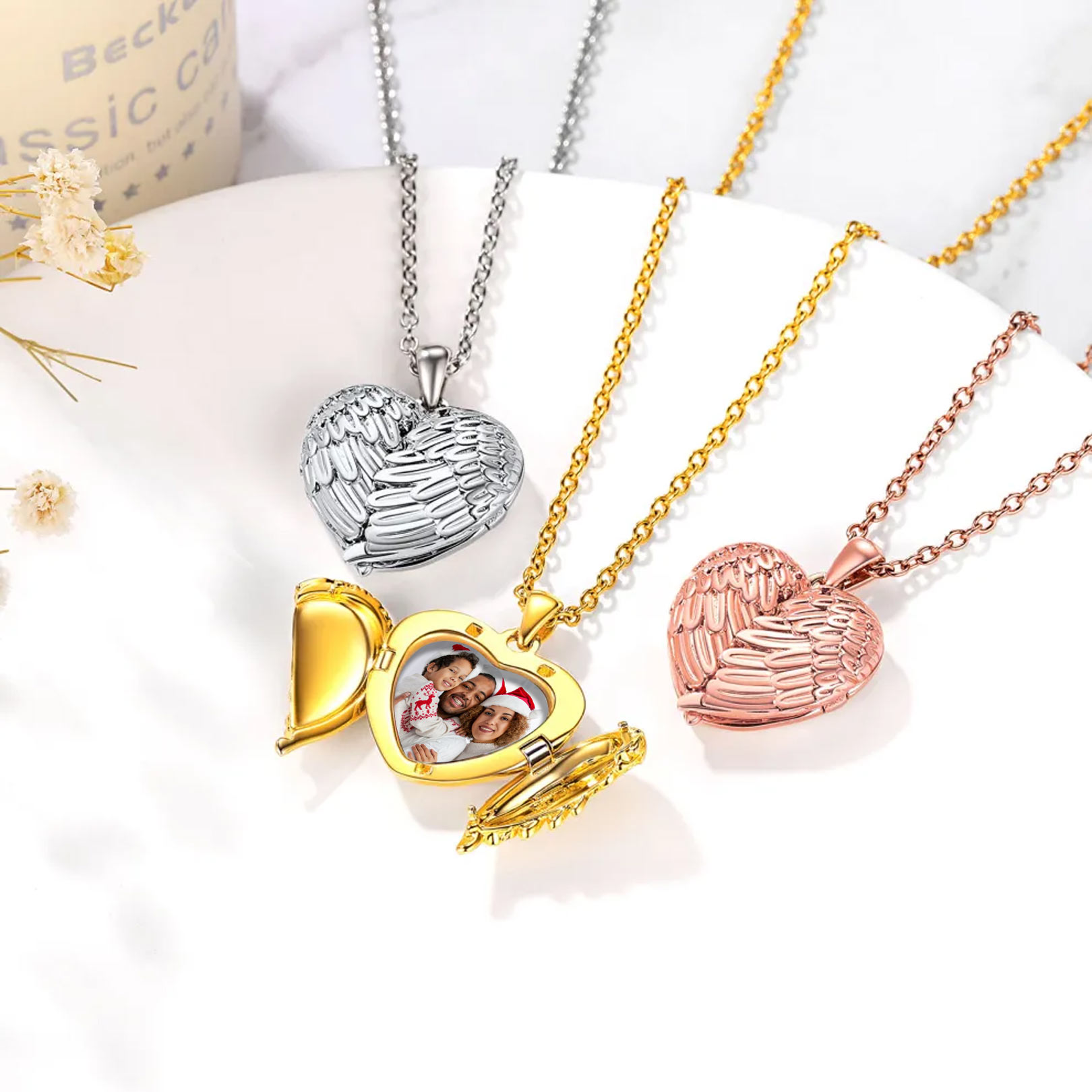 Personalized Heart Angel Wings Locket Necklace with Pictures