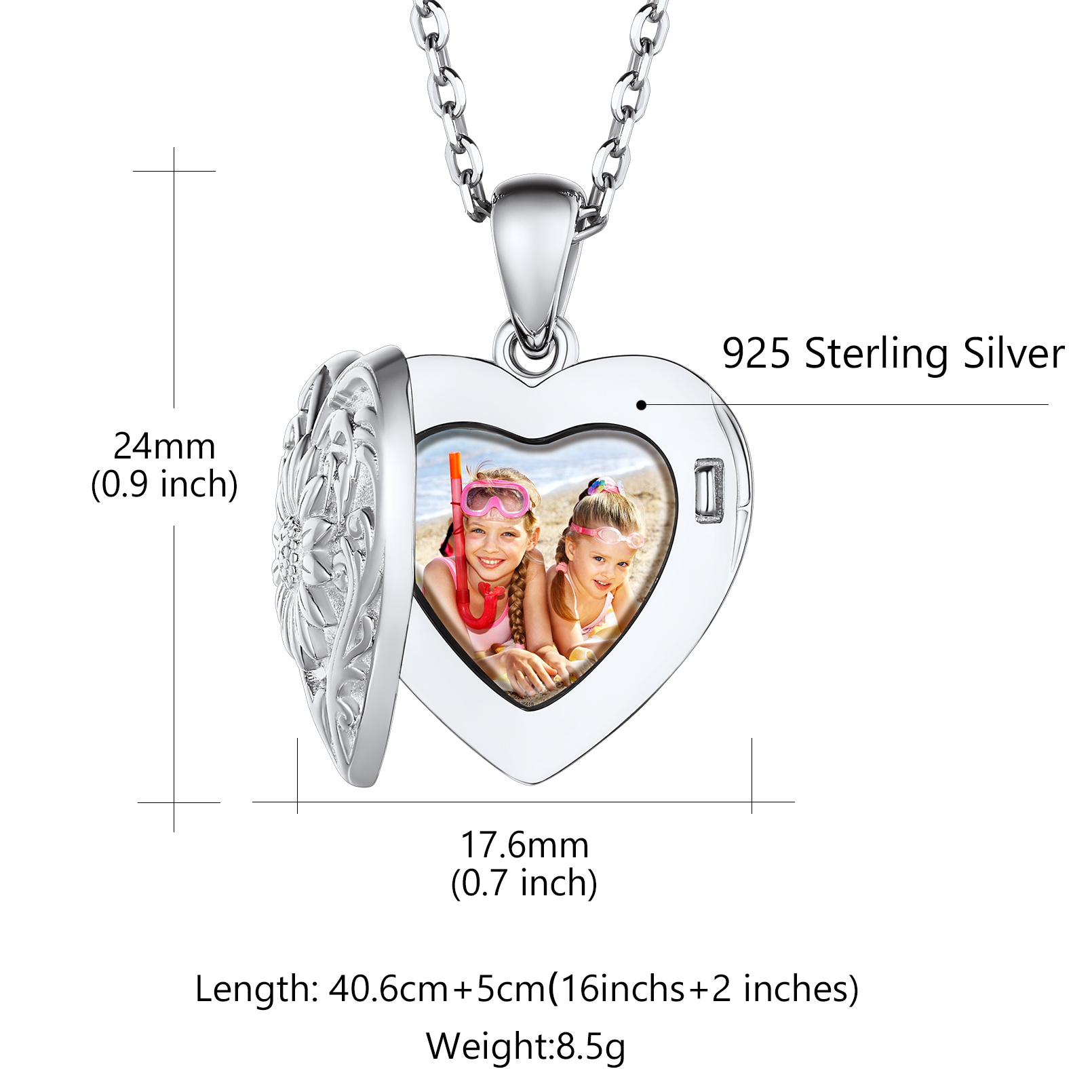 Personalized Photo Sunflower Heart Shape Locket Necklace size