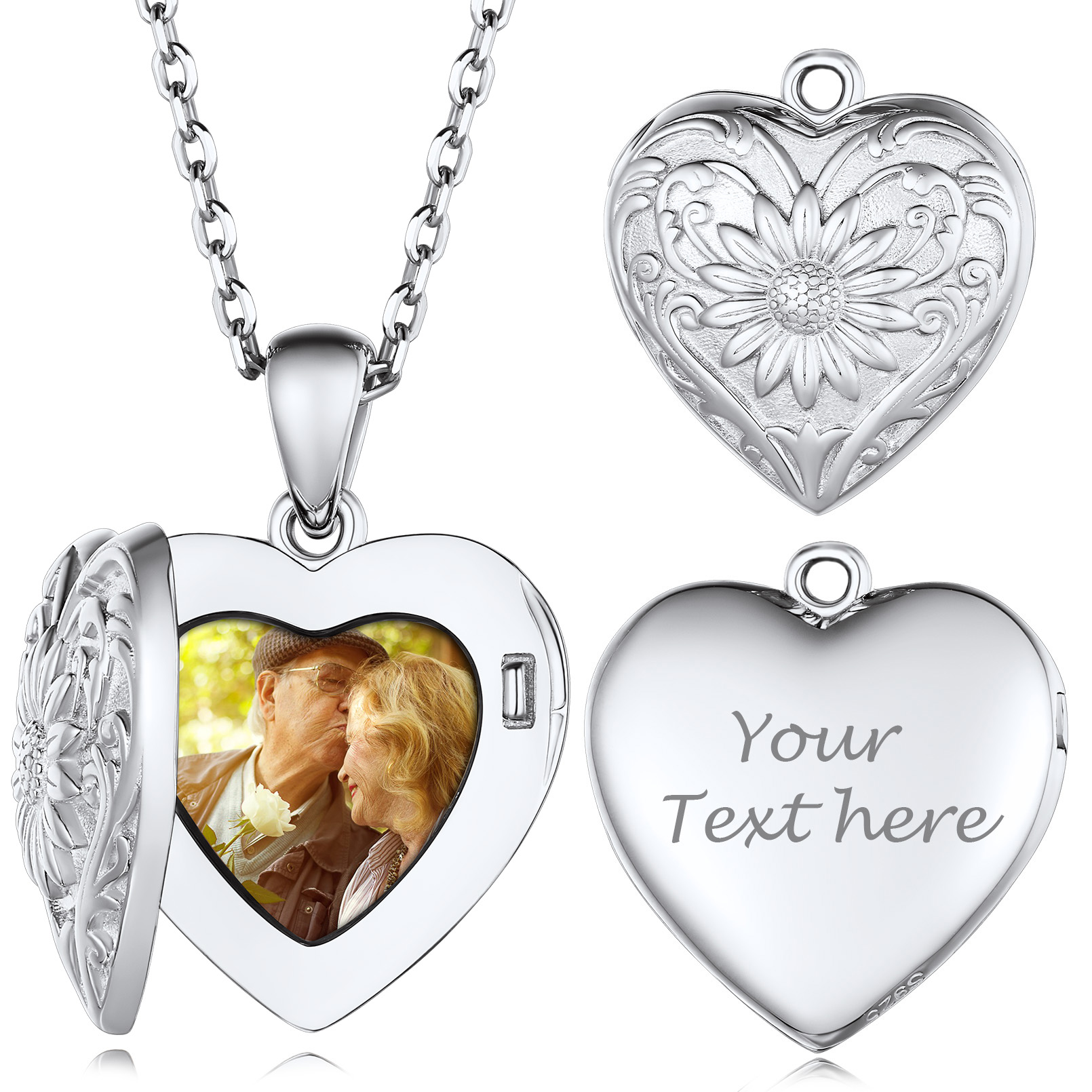 Personalized Photo Sunflower Heart Shape Locket Necklace for Women silver