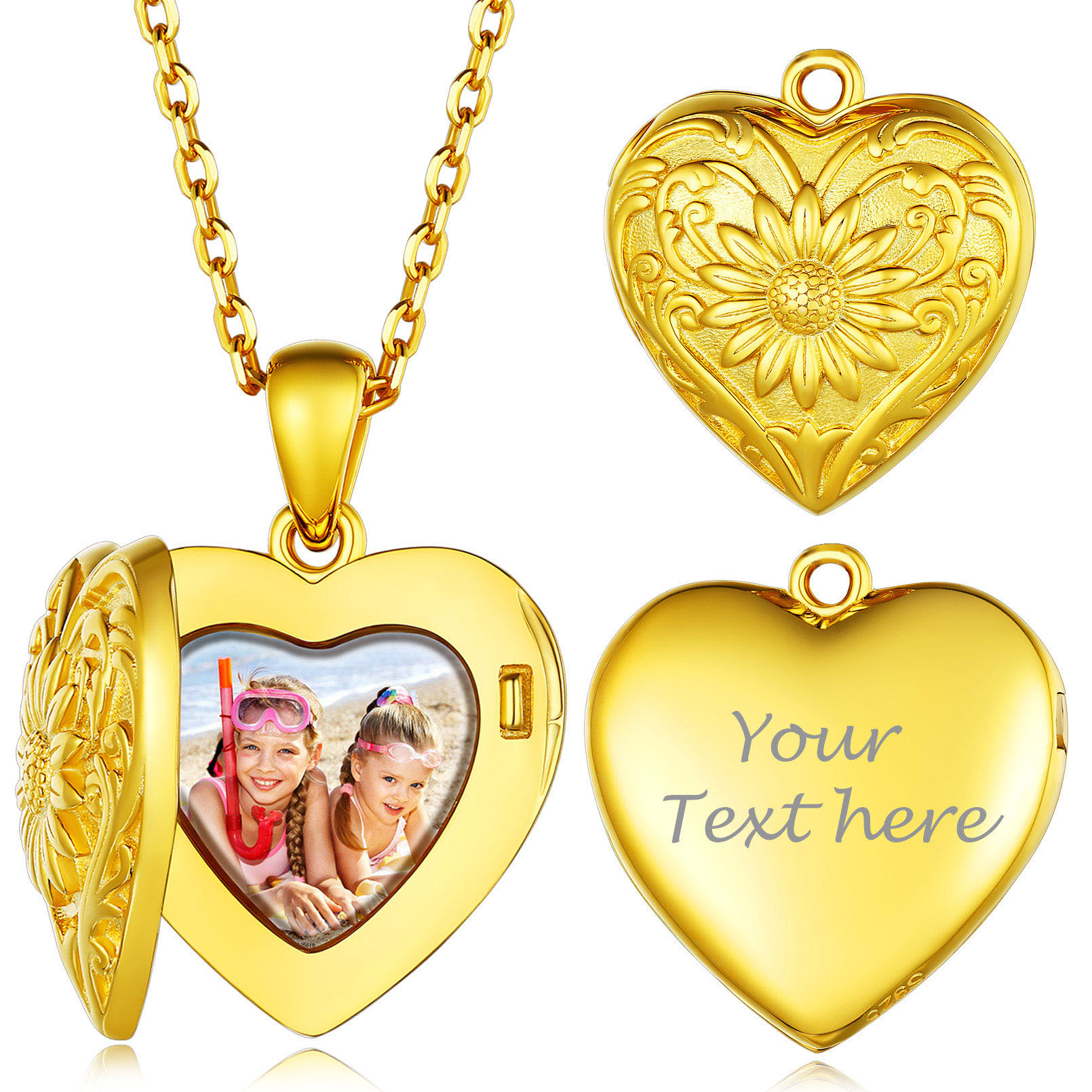 Personalized Photo Sunflower Heart Shape Locket Necklace for Women gold