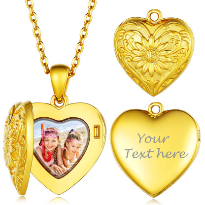 Personalized Photo Sunflower Heart Shape Locket Necklace for Women gold