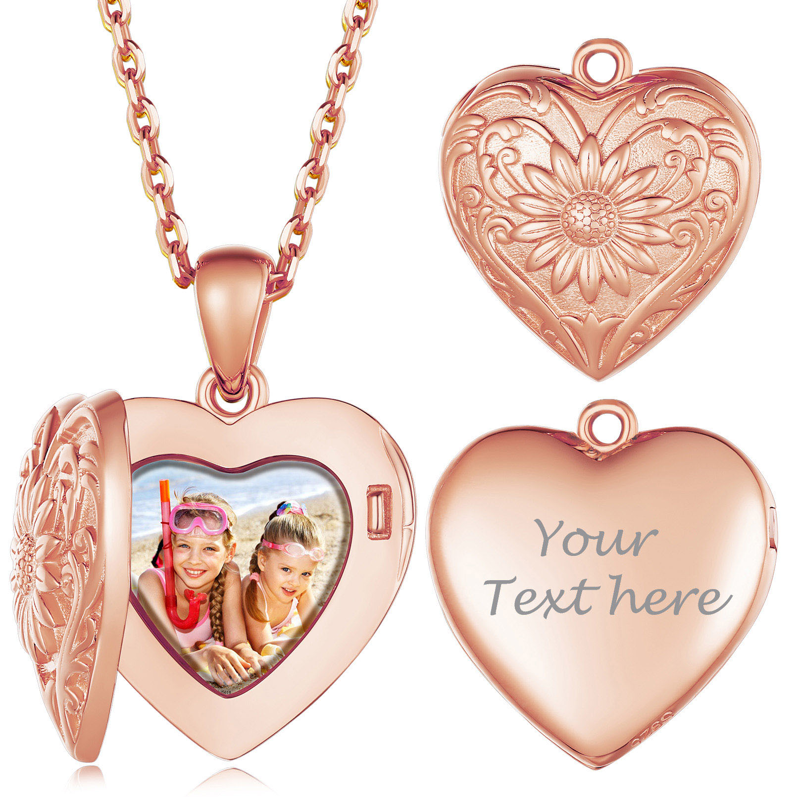 Personalized Photo Sunflower Heart Shape Locket Necklace for Women rose gold
