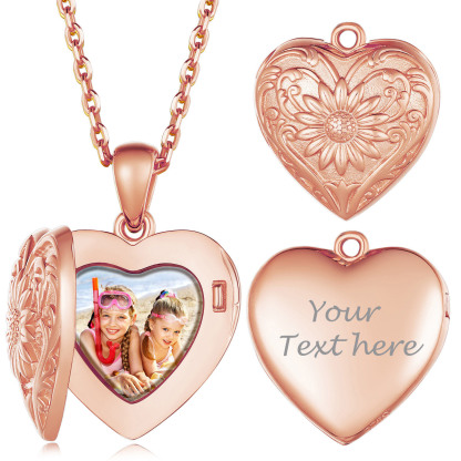 Personalized Photo Sunflower Heart Shape Locket Necklace for Women rose gold