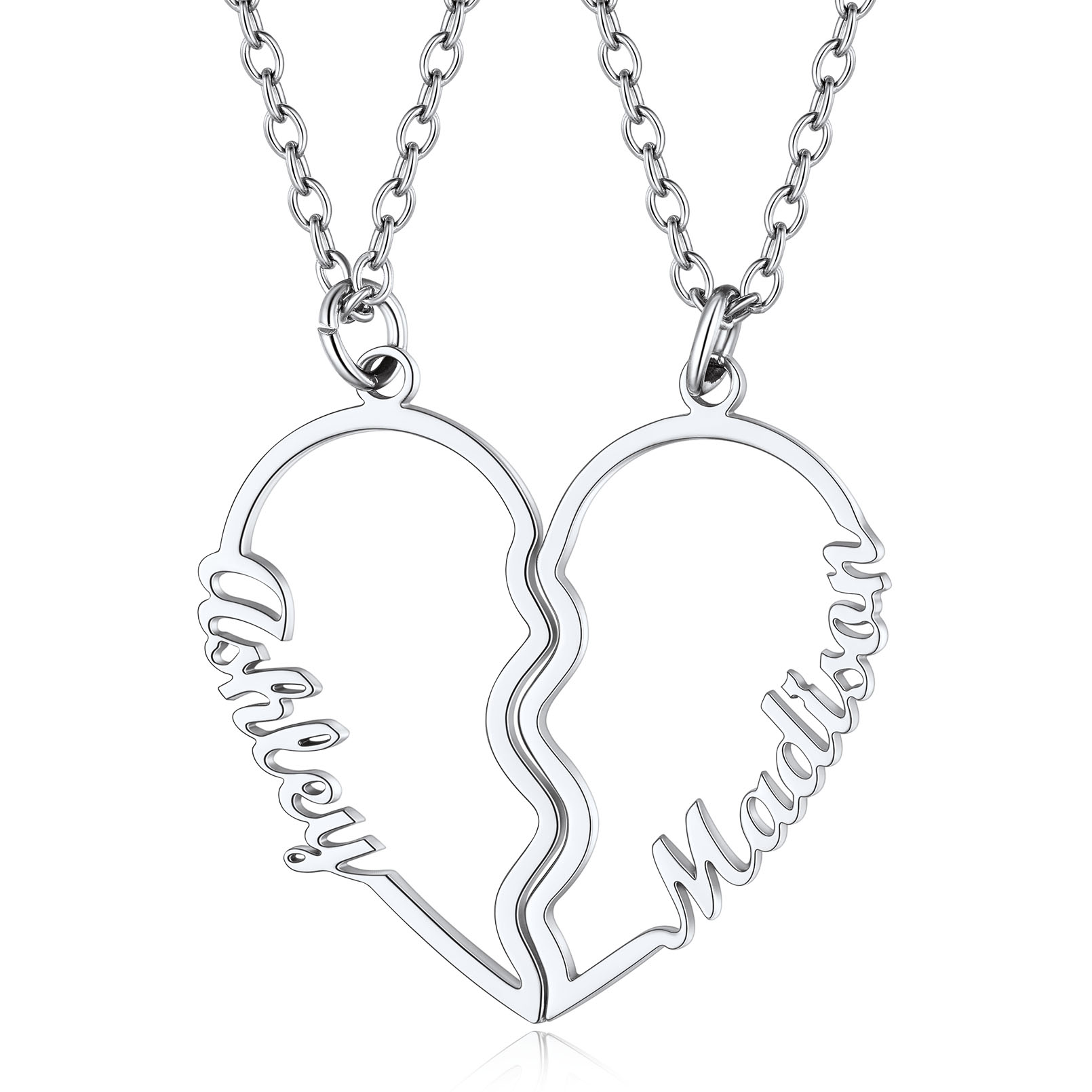 Personalized Name Heart Puzzle Matching Pendant Necklaces silver