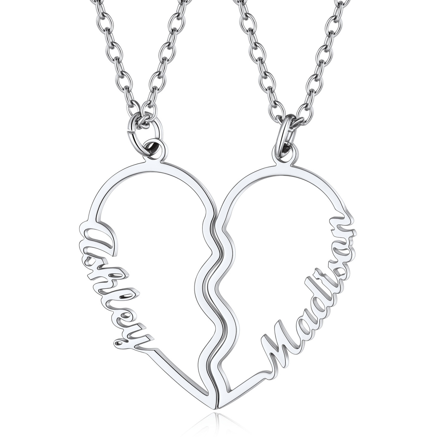 Personalized Name Heart Puzzle Matching Pendant Necklaces silver