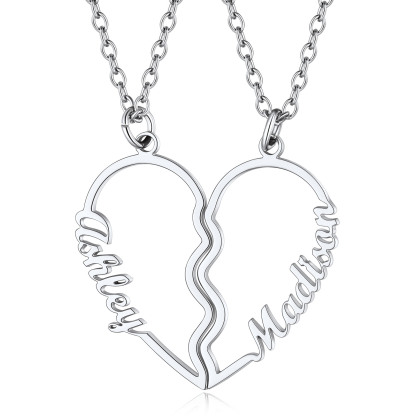 Personalized Name Heart Puzzle Matching Pendant Necklaces silver