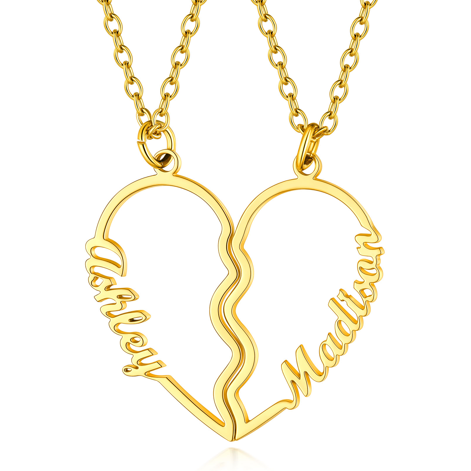Personalized Name Heart Puzzle Matching Pendant Necklaces gold
