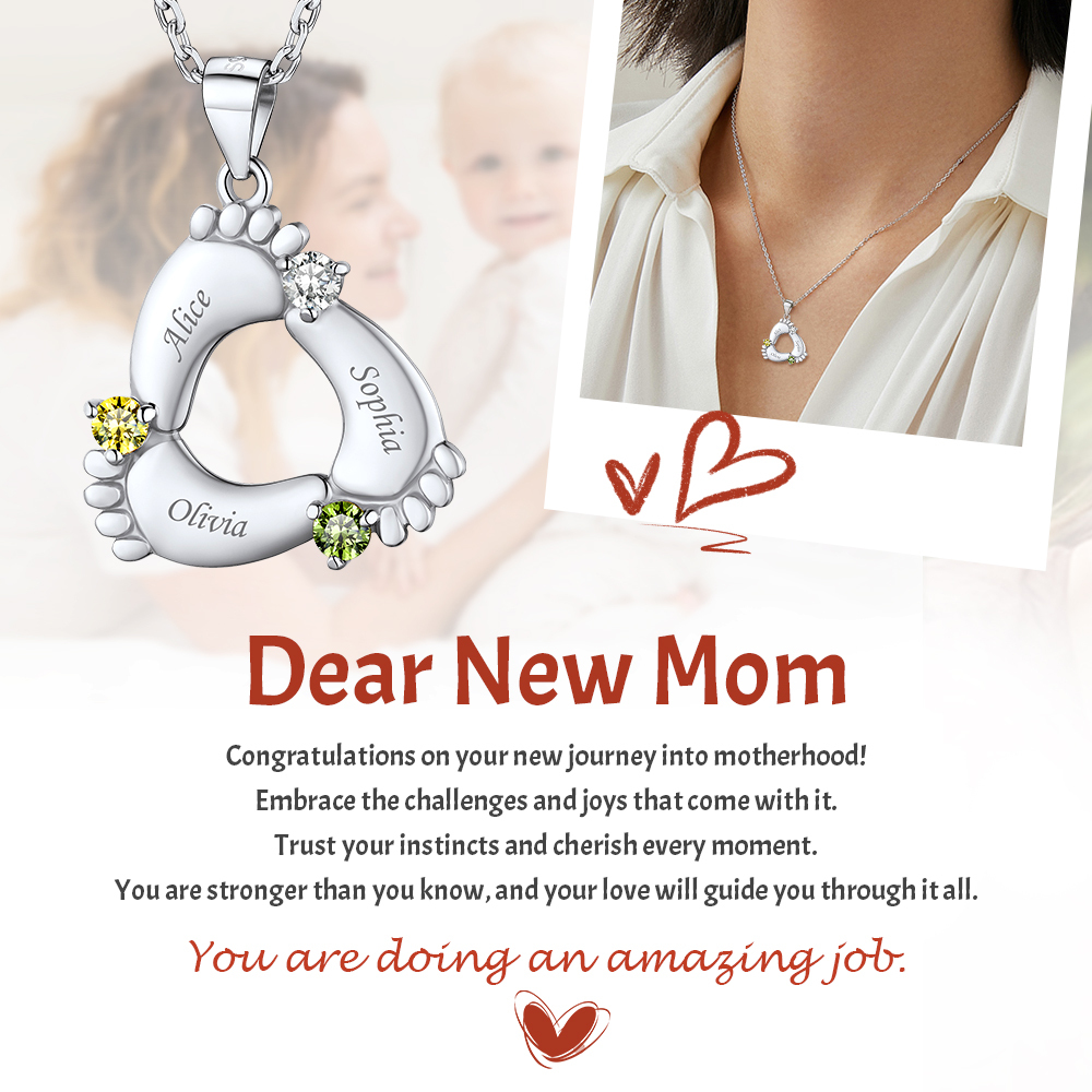 Custom Birthstone Engraved Baby Feet Pendant Necklace gift for Mom 
