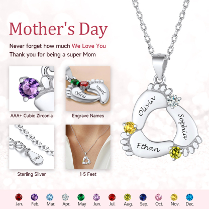 Custom Birthstone Engraved Baby Feet Pendant Necklace for Mom 12 months stone