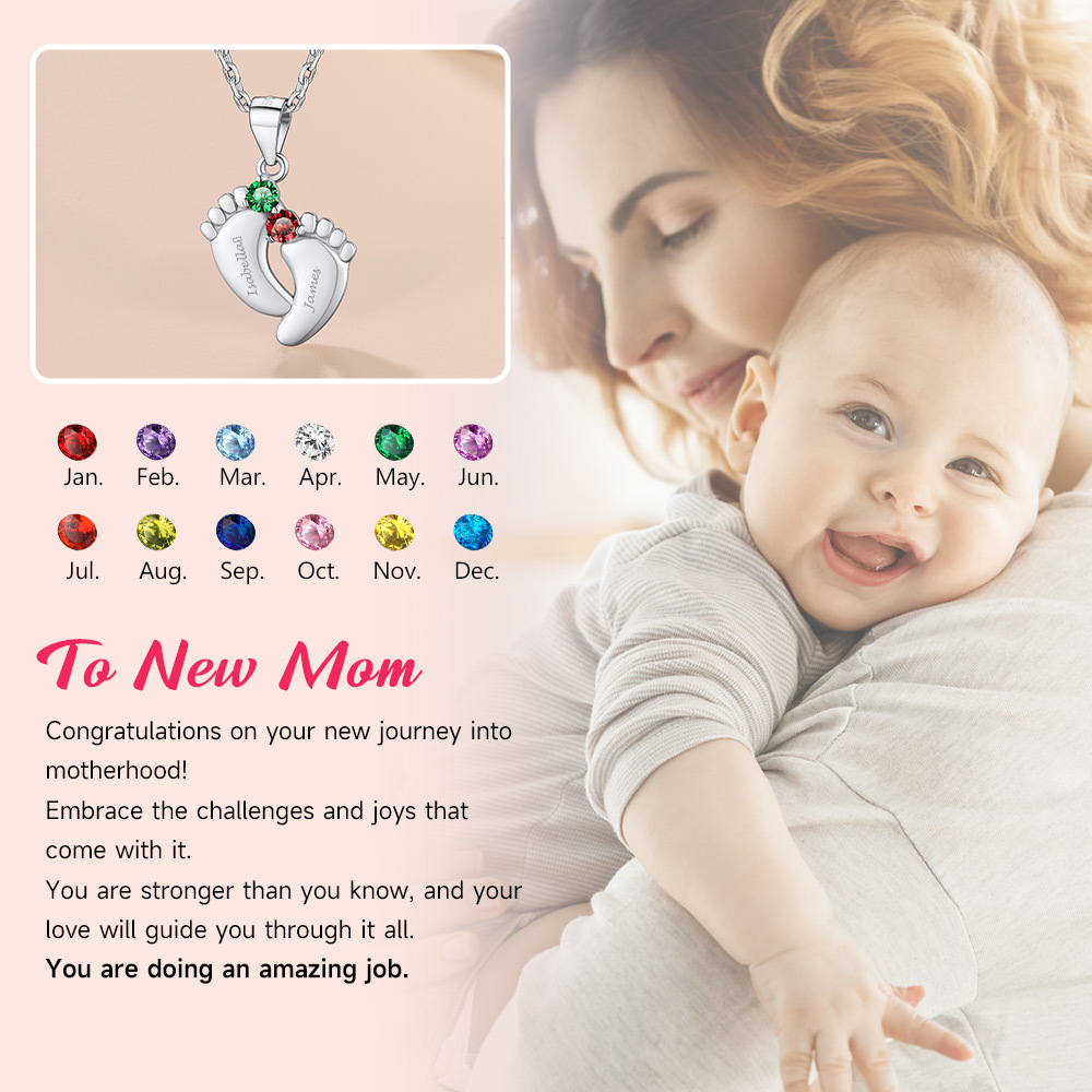 Custom Birthstone Engraved Baby Feet Pendant Necklace for new Mom