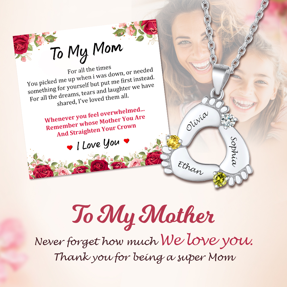Custom Birthstone Engraved Baby Feet Necklace gift for Mom