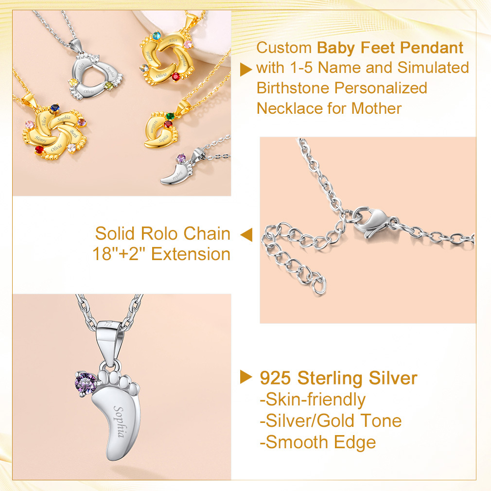 Custom Birthstone Engraved Baby Feet Pendant Necklace for Mom 925 silver