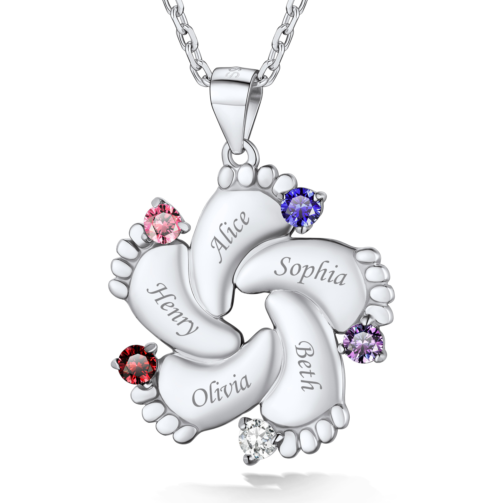 Custom Birthstone Engraved Baby Feet Pendant Necklace for Mom silver 5