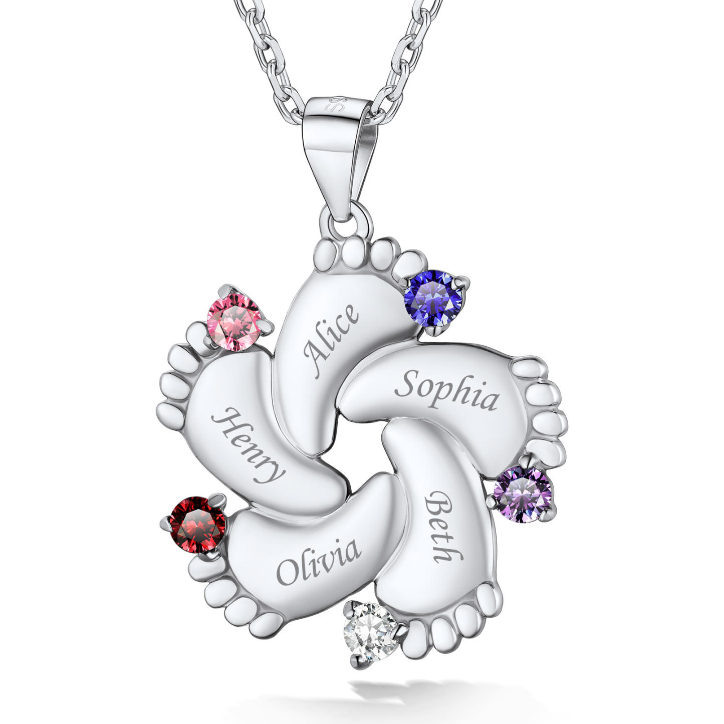 Custom Birthstone Engraved Baby Feet Pendant Necklace for Mom silver 5