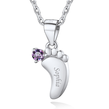 Custom Birthstone Engraved Baby Feet Pendant Necklace for Mom silver 1