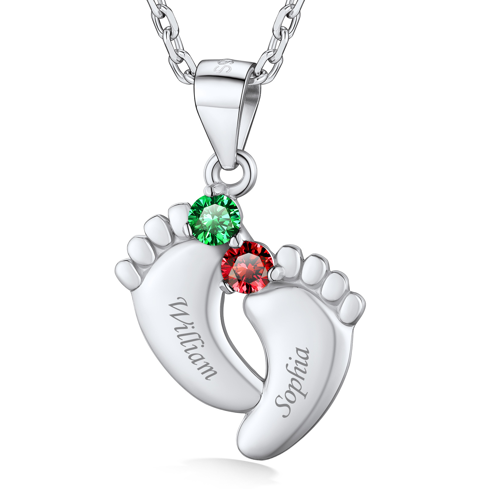 Custom Birthstone Engraved Baby Feet Pendant Necklace for Mom silver 2