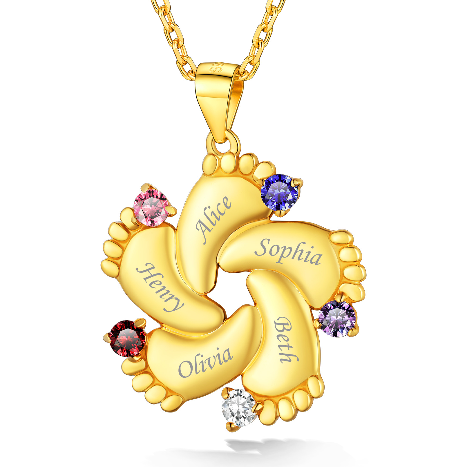 Custom Birthstone Engraved Baby Feet Pendant Necklace for Mom gold 5