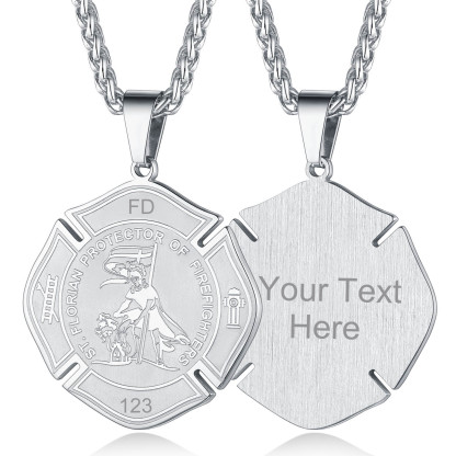 Engraved Medal Pendant Necklace For Men silver