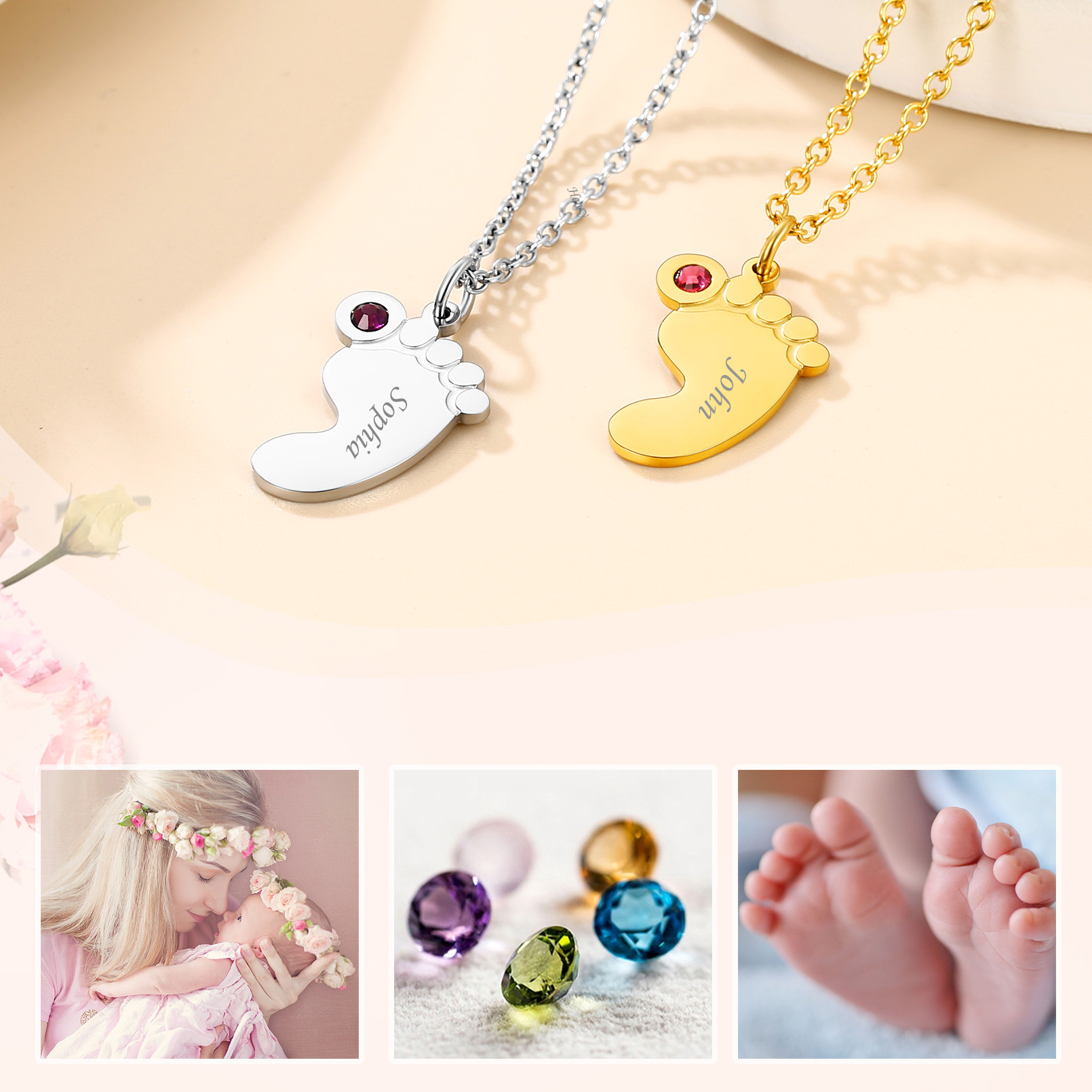 Personalized Baby Feet Necklace Gift for Mom Grandmother Family