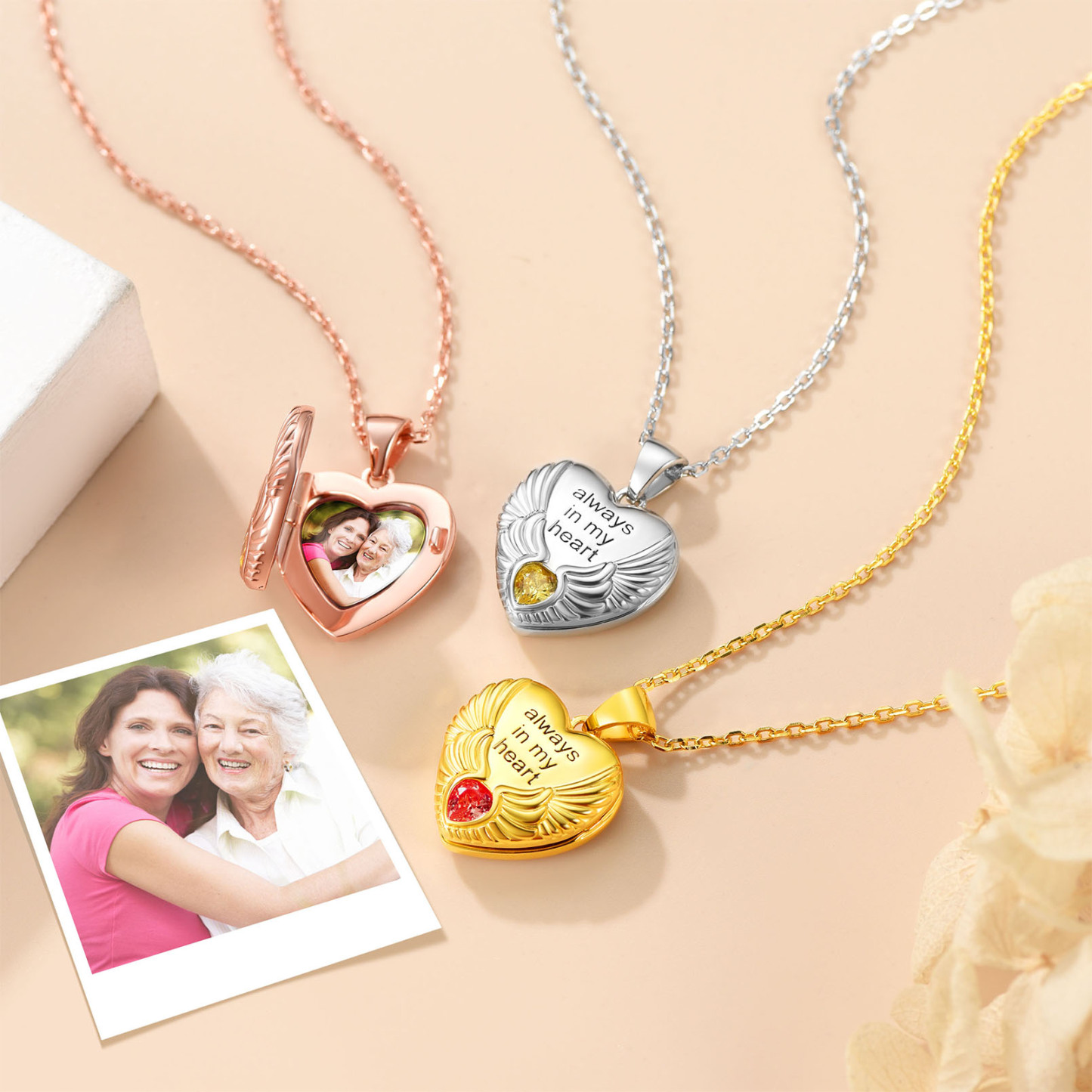 Custom Photo Locket Pendant Birthstone Necklace for Women color