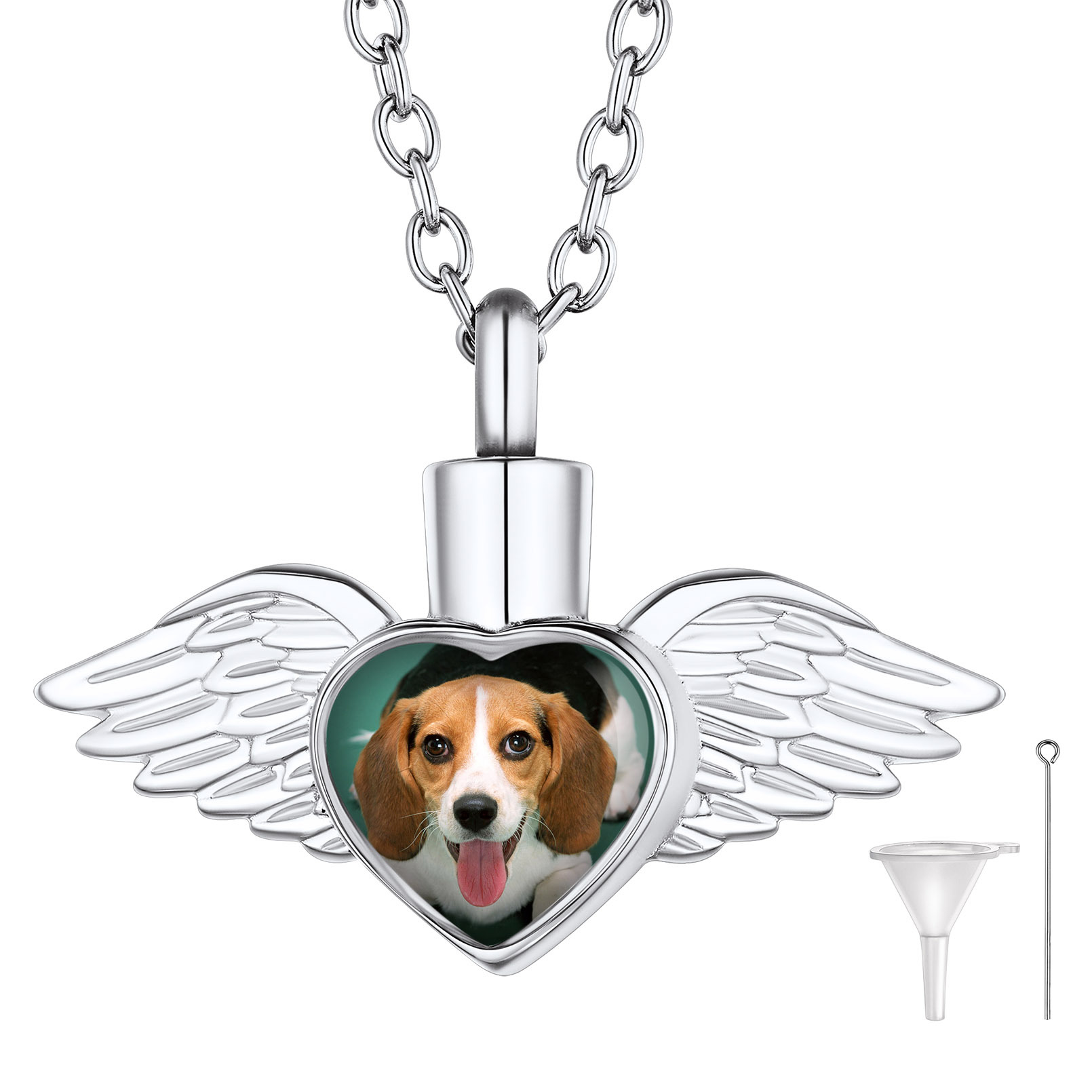 Personalized Angel Wings Urn Necklace for Ashes with Photo silver