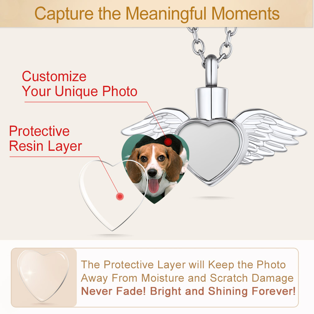 Personalized Angel Wings Urn Necklace for Ashes with Photo protective