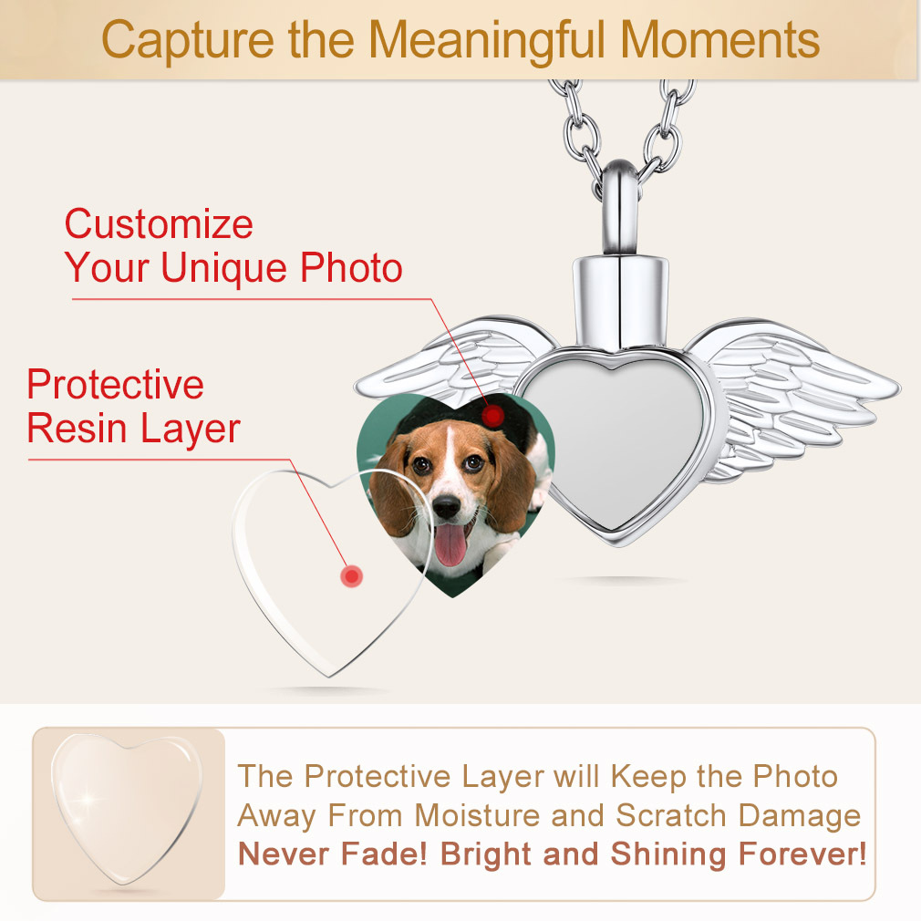 Personalized Angel Wings Urn Necklace for Ashes with Photo protective