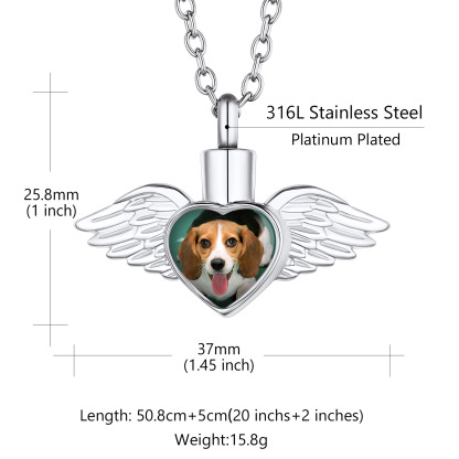 Personalized Angel Wings Urn Necklace for Ashes with Photo size