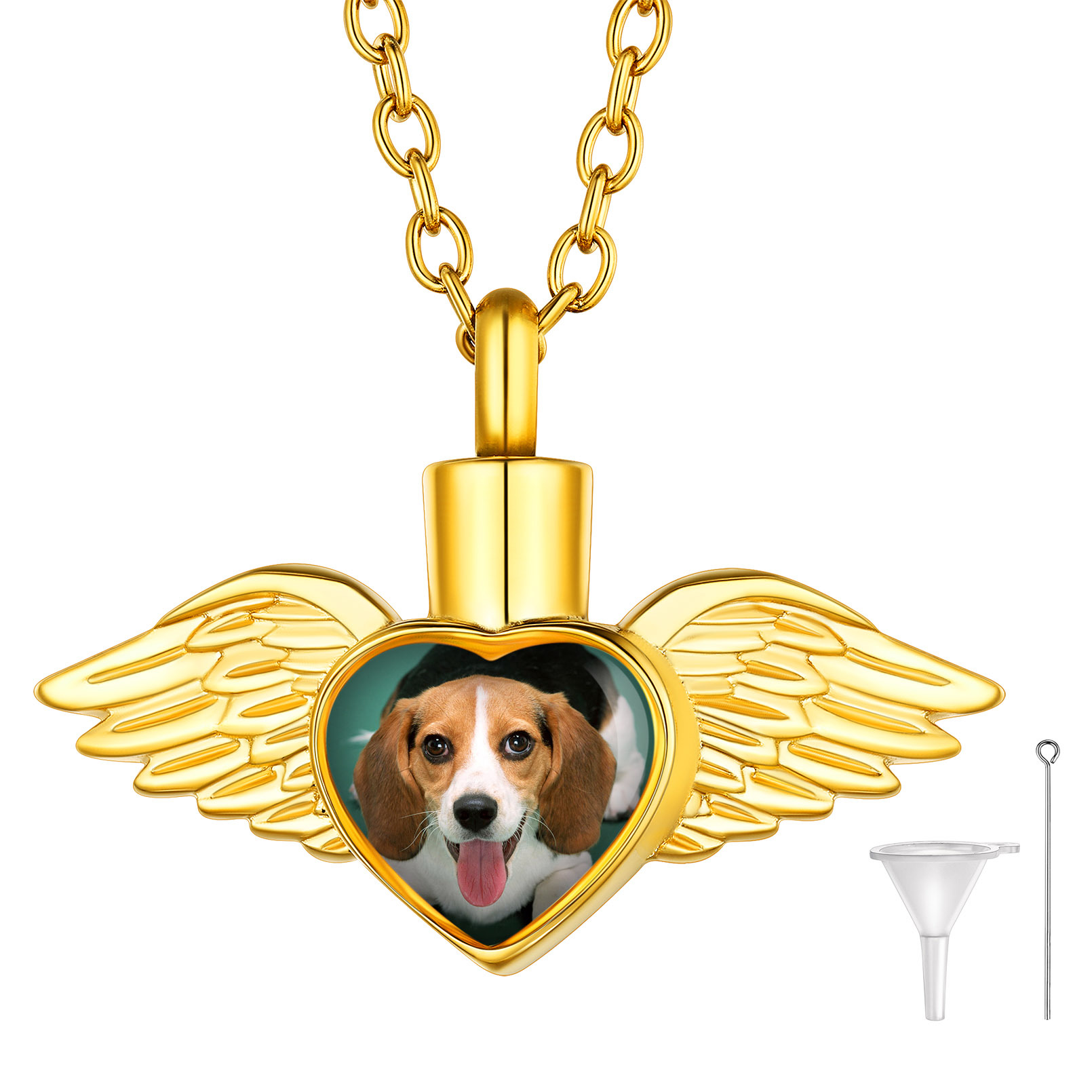 Personalized Angel Wings Urn Necklace for Ashes with Photo gold