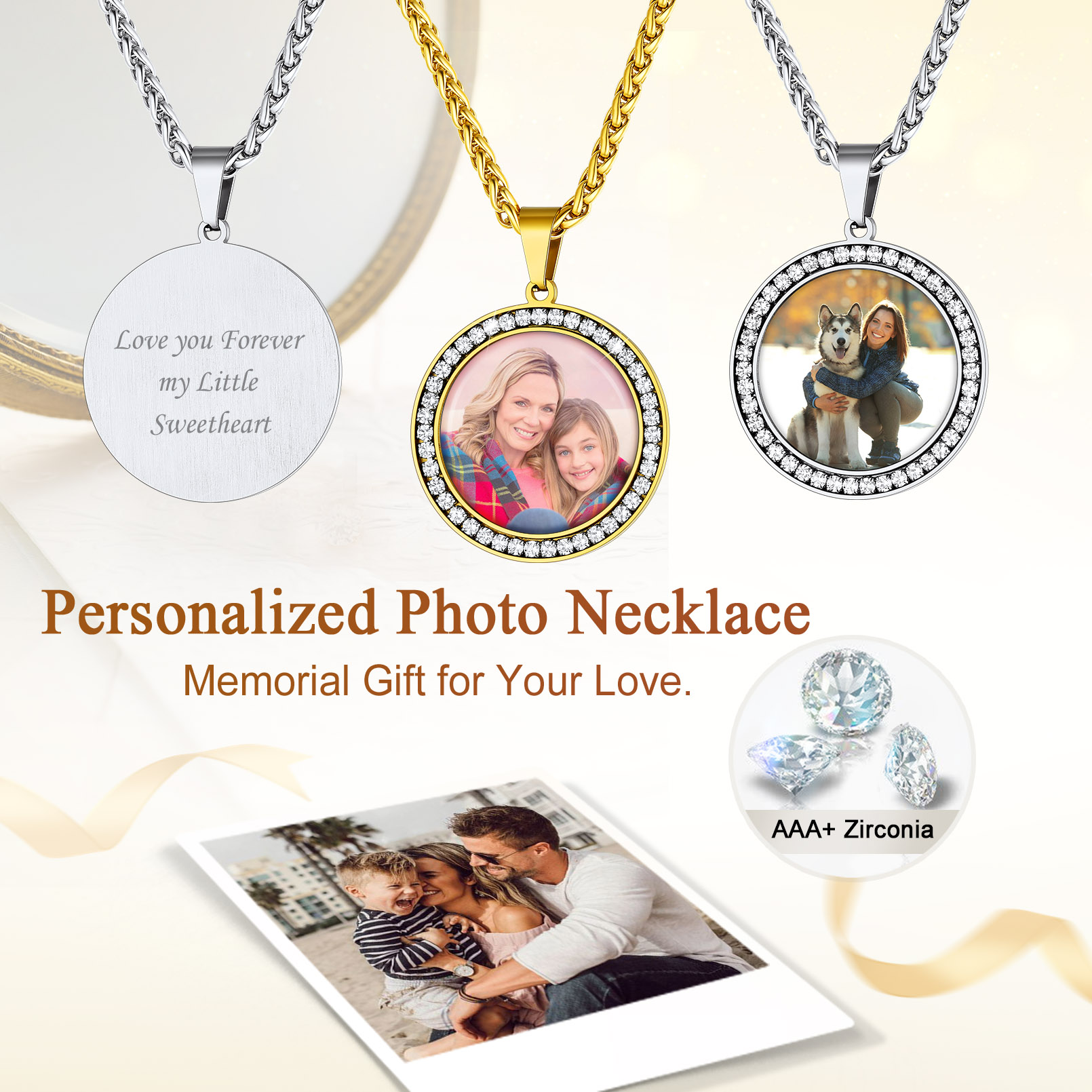 Custom Photo Round Pendant Necklace for Men Women cz