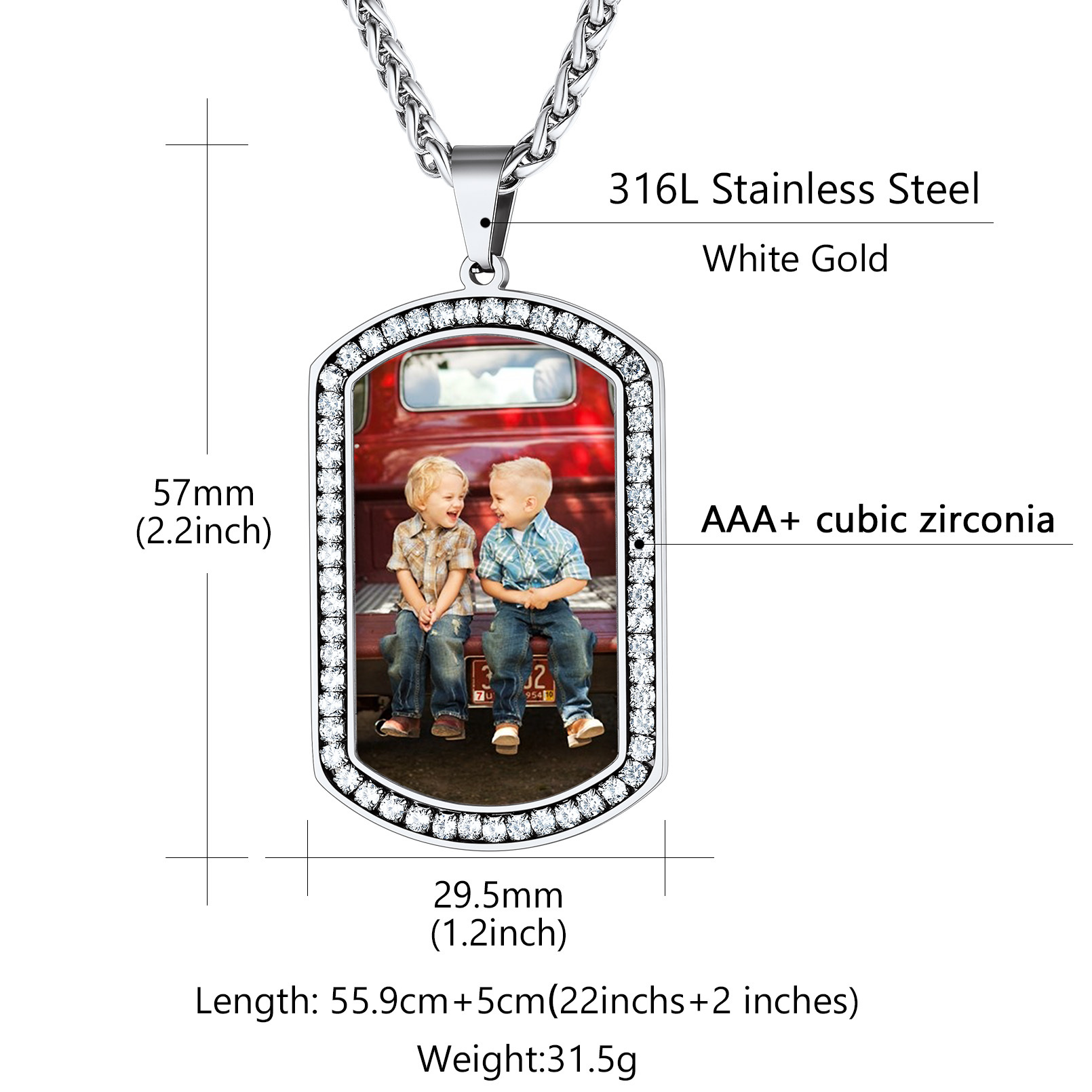 Custom Photo Dog Tag CZ Pendant Necklace for Men  size