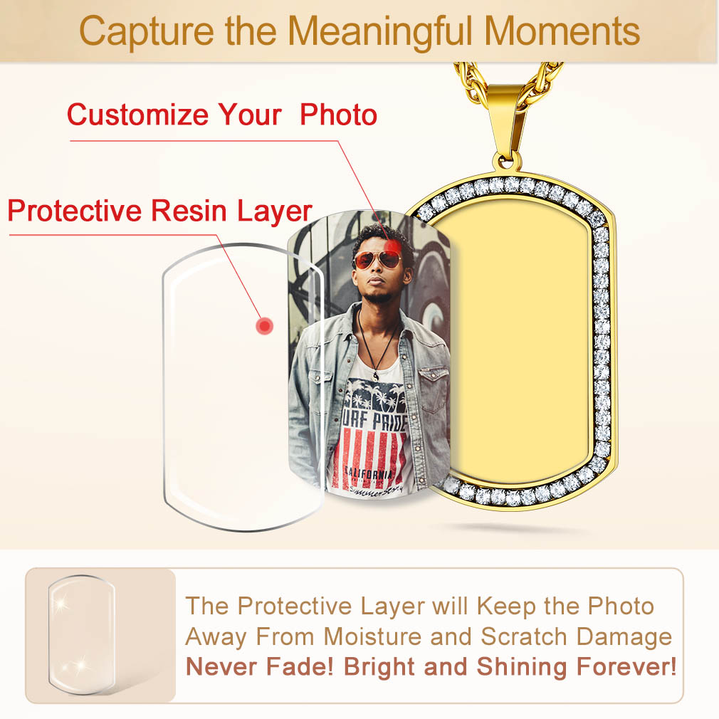 Custom Photo Dog Tag CZ Necklace for Men 