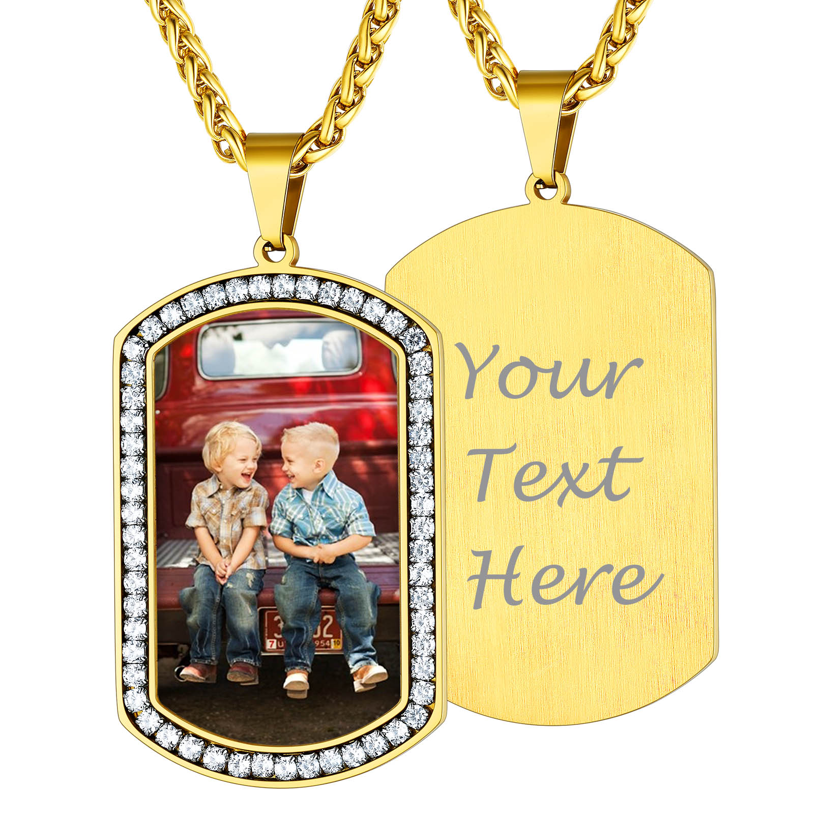 Custom Photo Dog Tag CZ Pendant Necklace for Men gold