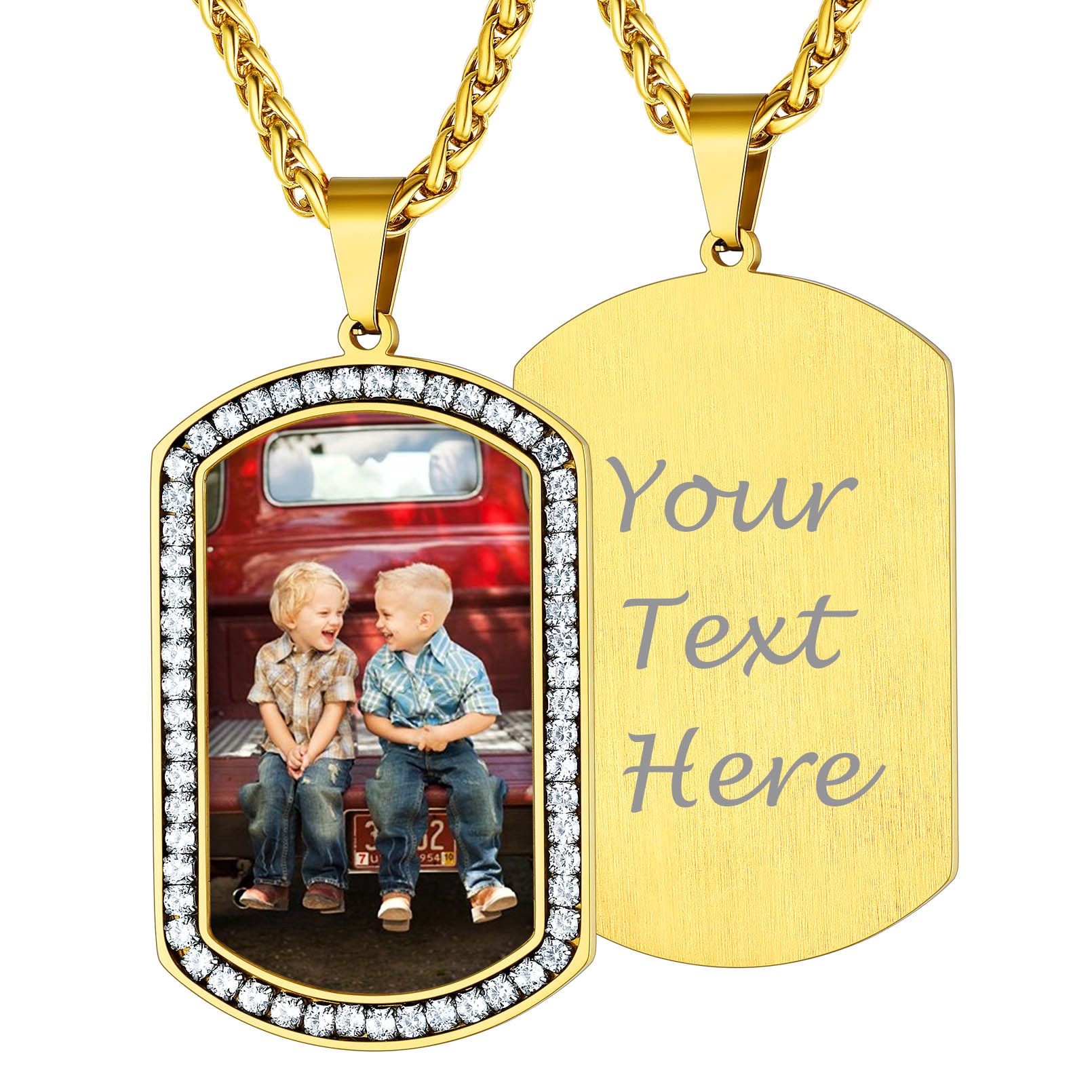 Custom Photo Dog Tag CZ Pendant Necklace for Men gold