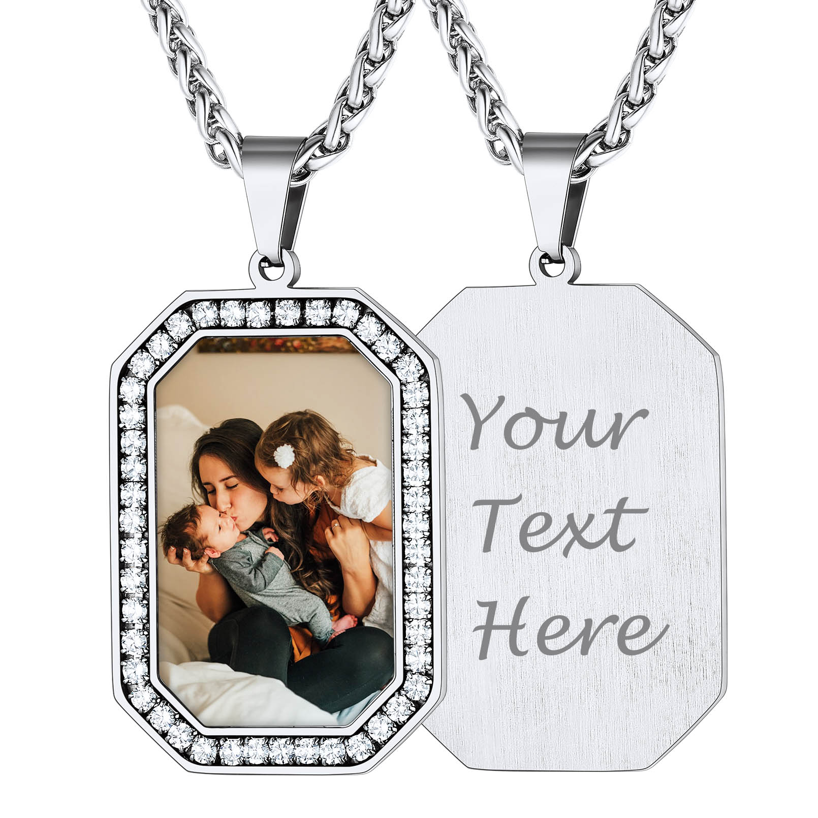 Personalized Photo CZ Pendant Necklace for Men Women silver