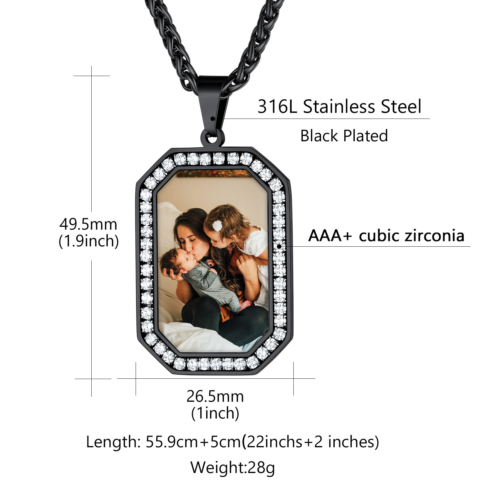 Personalized Photo CZ Pendant Necklace for Men Women size