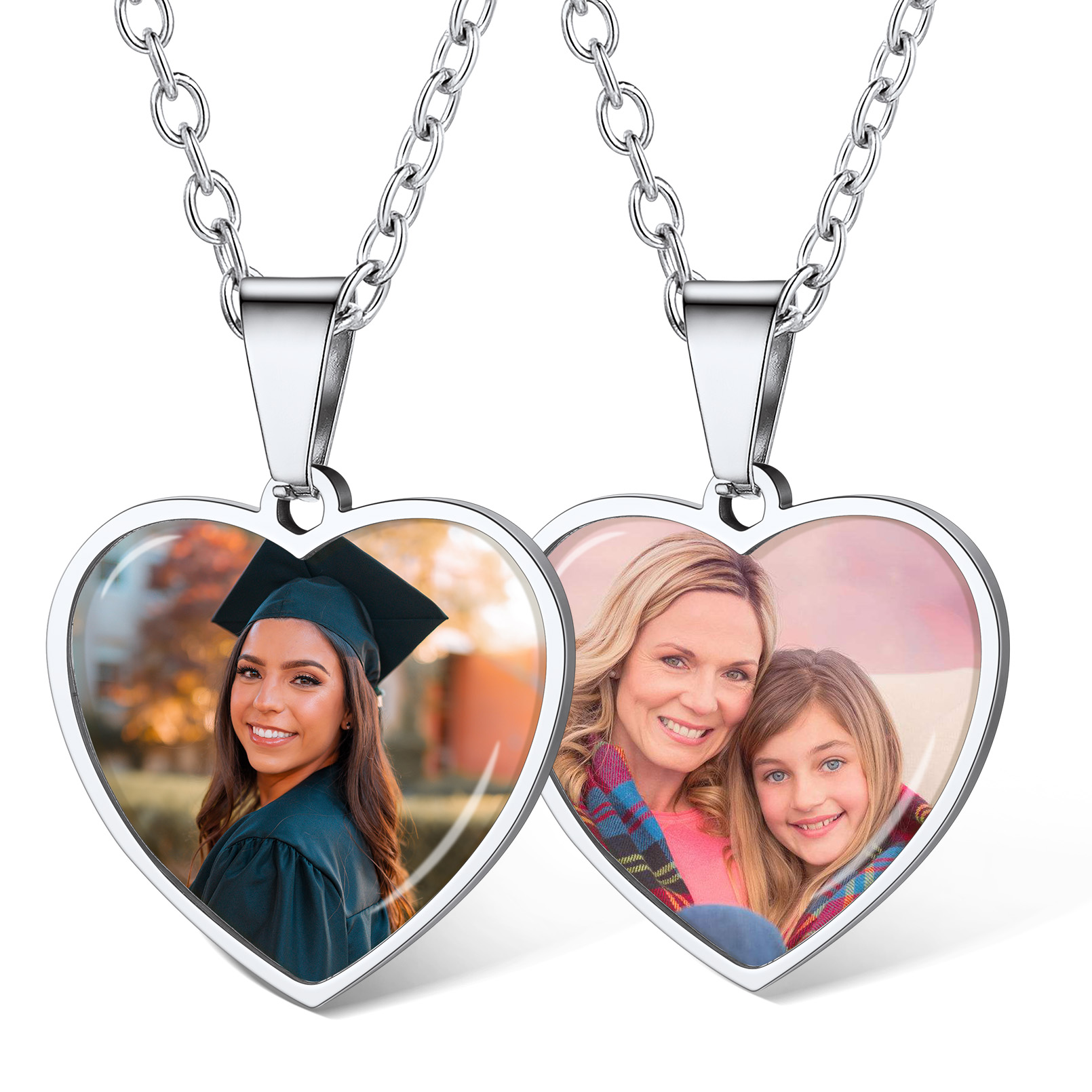 Personalized Heart Pendant Necklace with 2 Pictures for Women silver