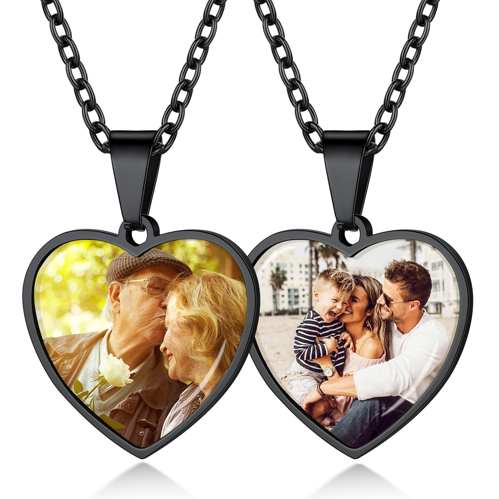 Personalized Heart Pendant Necklace with 2 Pictures for Women black