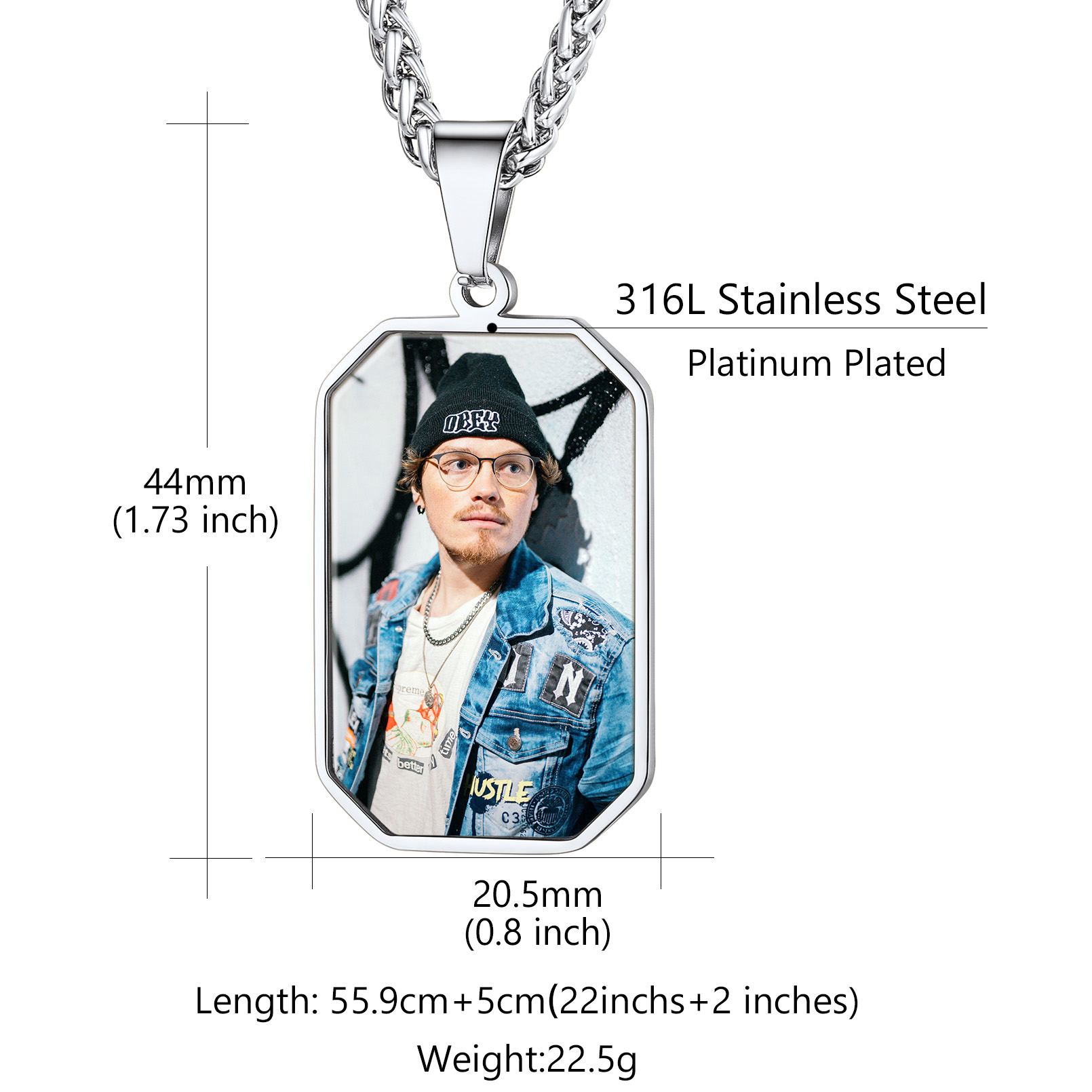 Photo Dog Tag Necklace for Men size detail