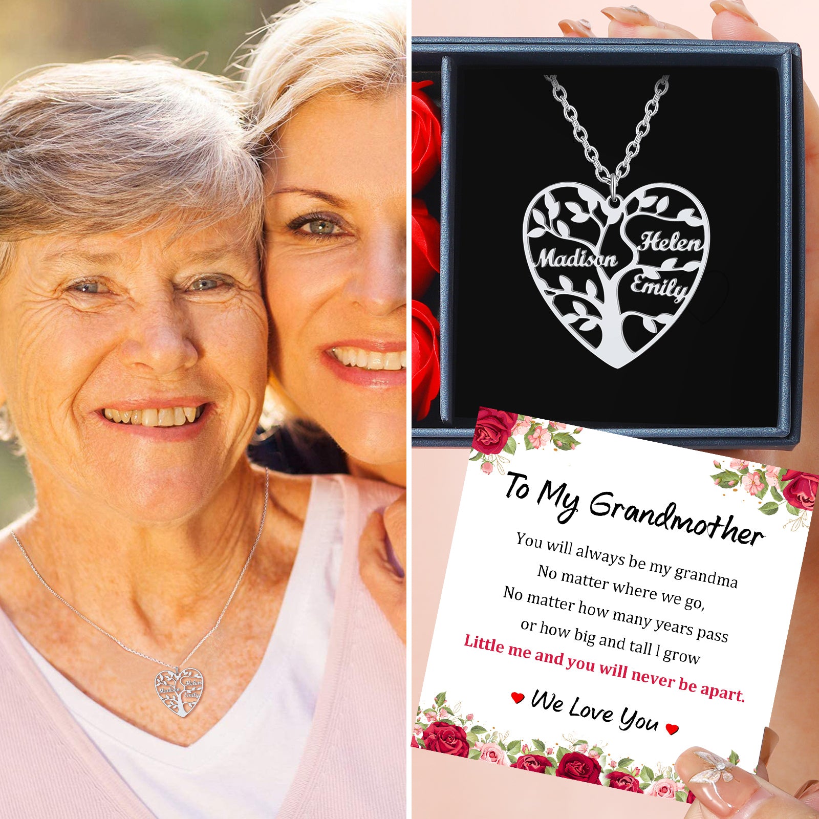 Personalized Heart Family Tree Necklace with Names For Mom