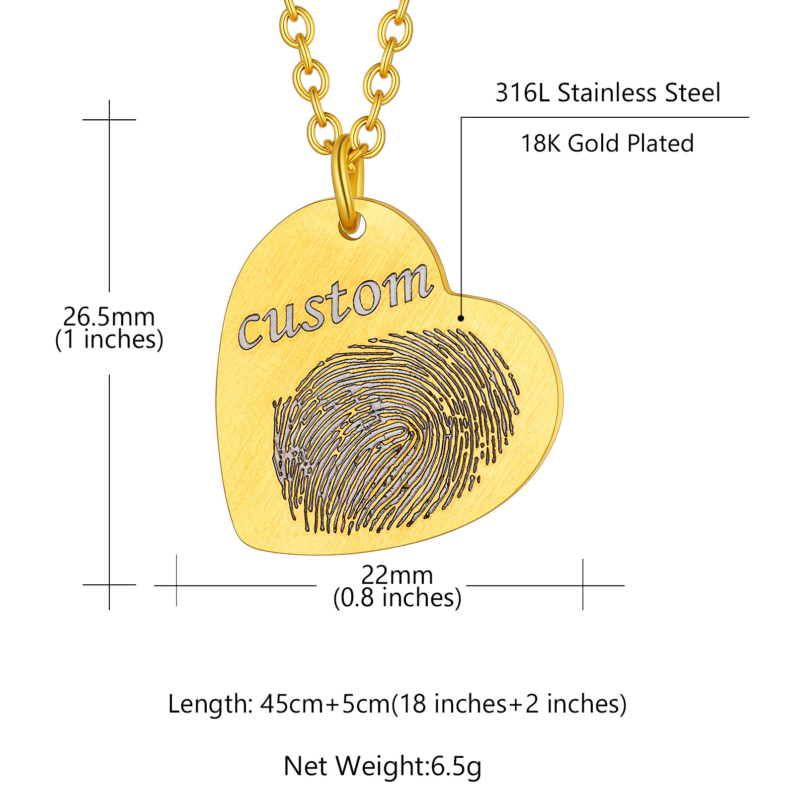 Personalized Fingerprint Necklace Stainless Steel size