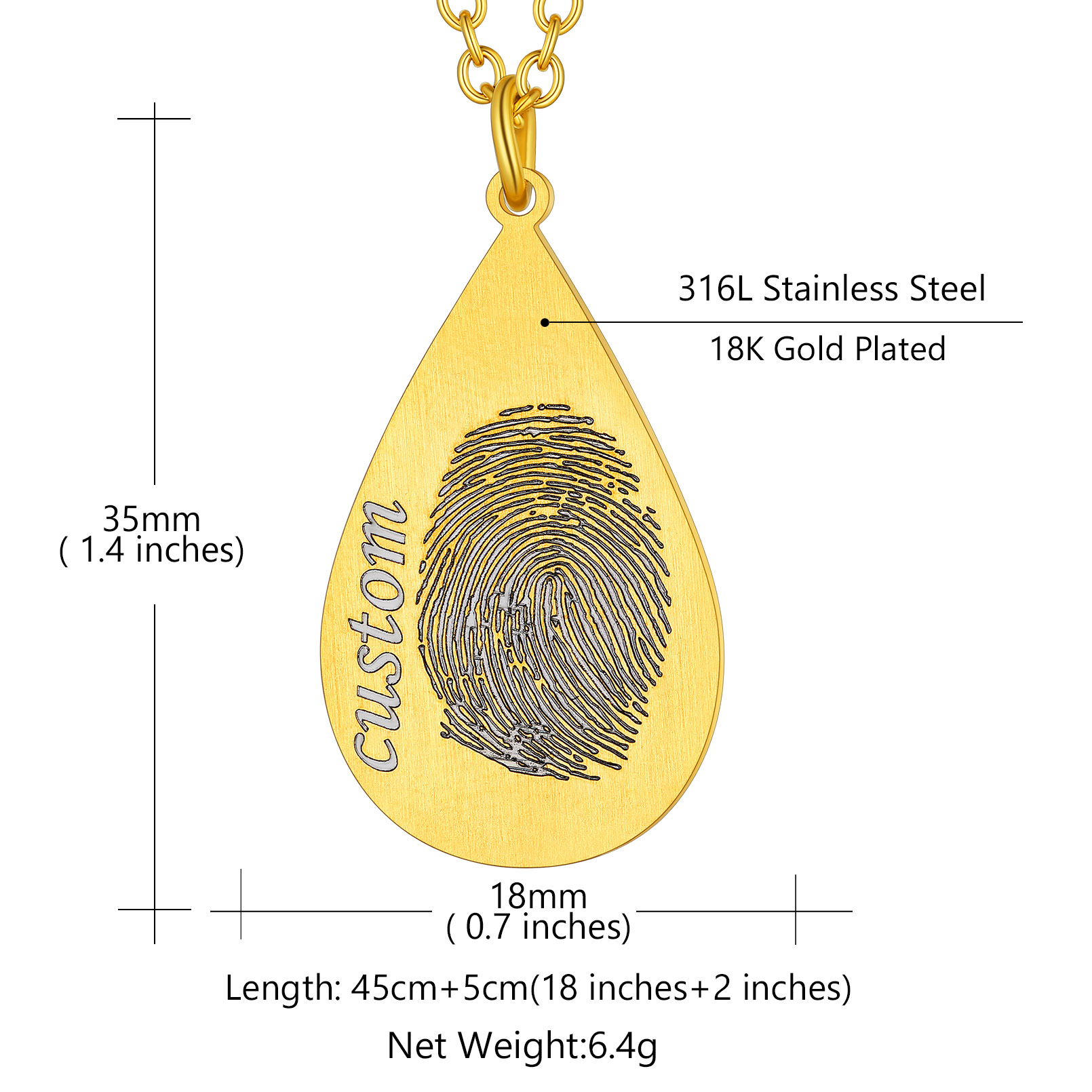 Personalized Fingerprint Necklace Stainless Steel drop size