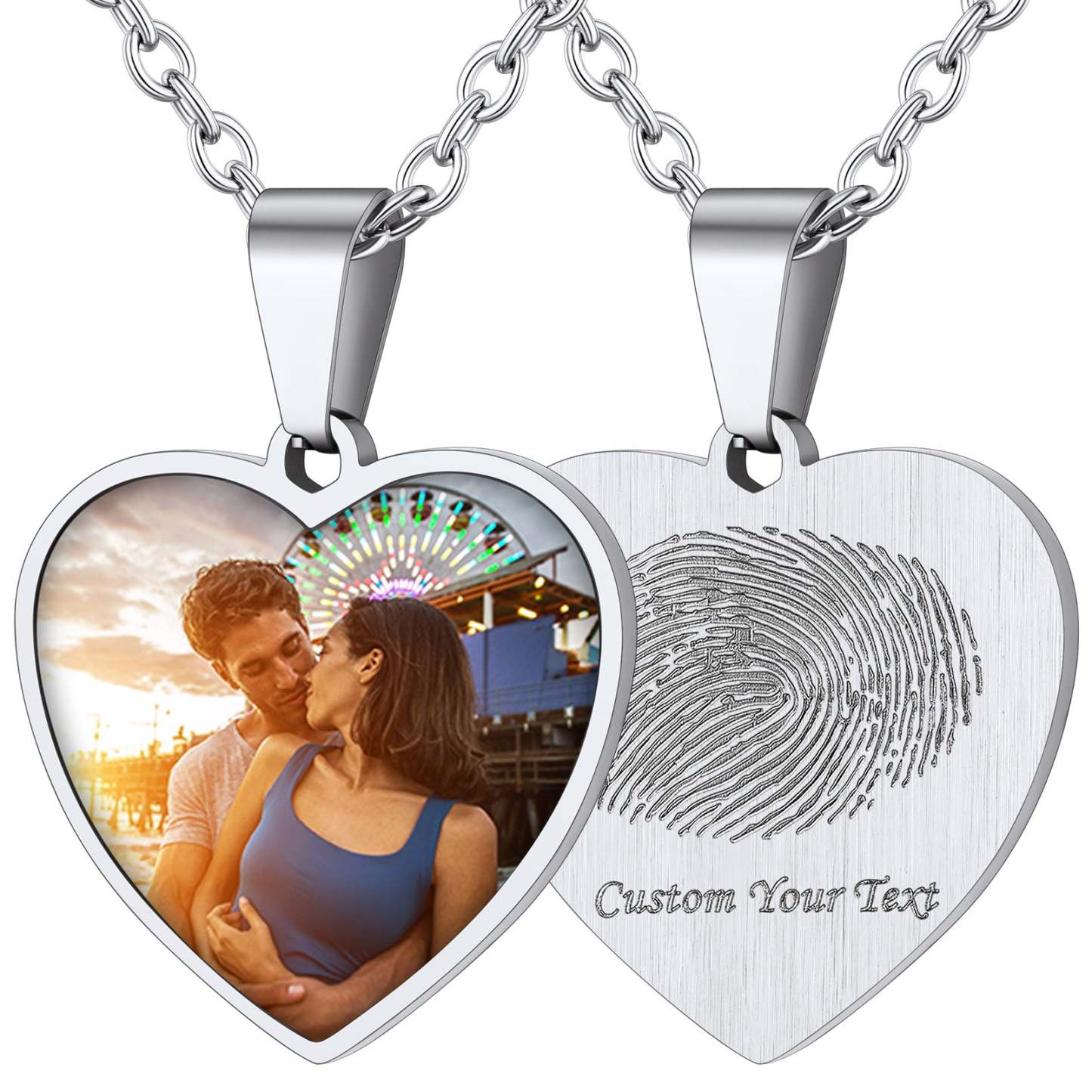Customized Heart Photo Fingerprint Necklace For Women