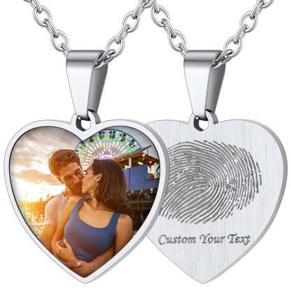 Customized Heart Photo Fingerprint Necklace For Women