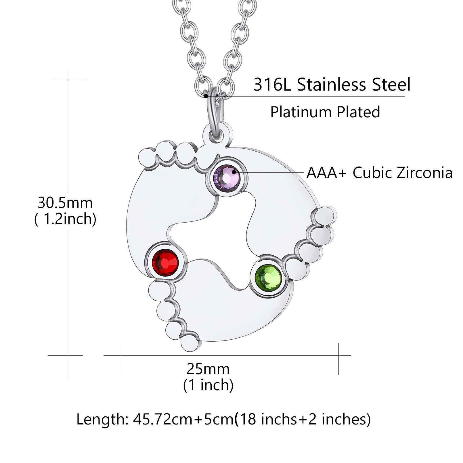 Personalized 3 Baby Feet Necklace for Mom Grandmother size